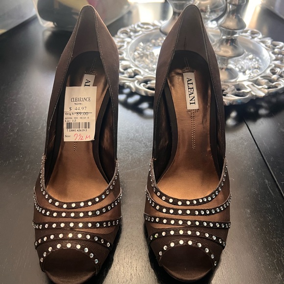 Alfani Shoes - Alfani Chocolate Rhinestone Peep-Toe Heels